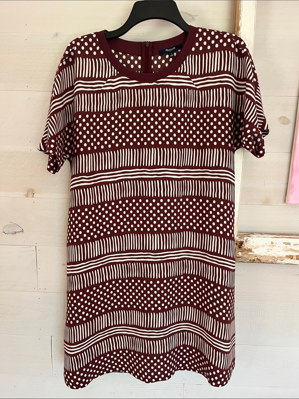 Madewell Maroon & White Striped Dot Short Sleeve Dress